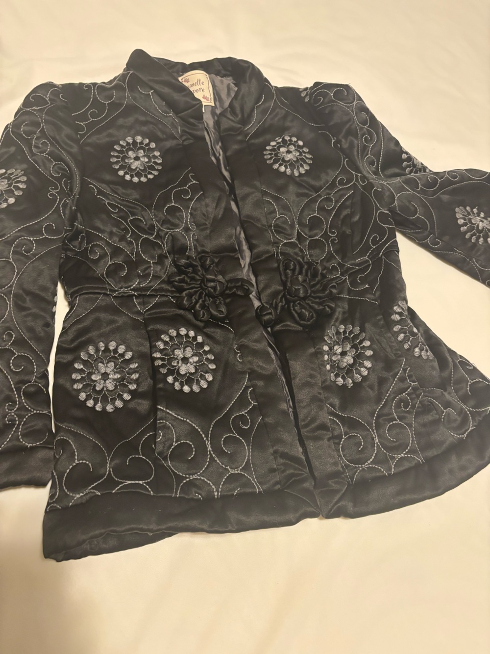 Nanette Lepore Black Satin Embroidered Jacket with Silver Accents